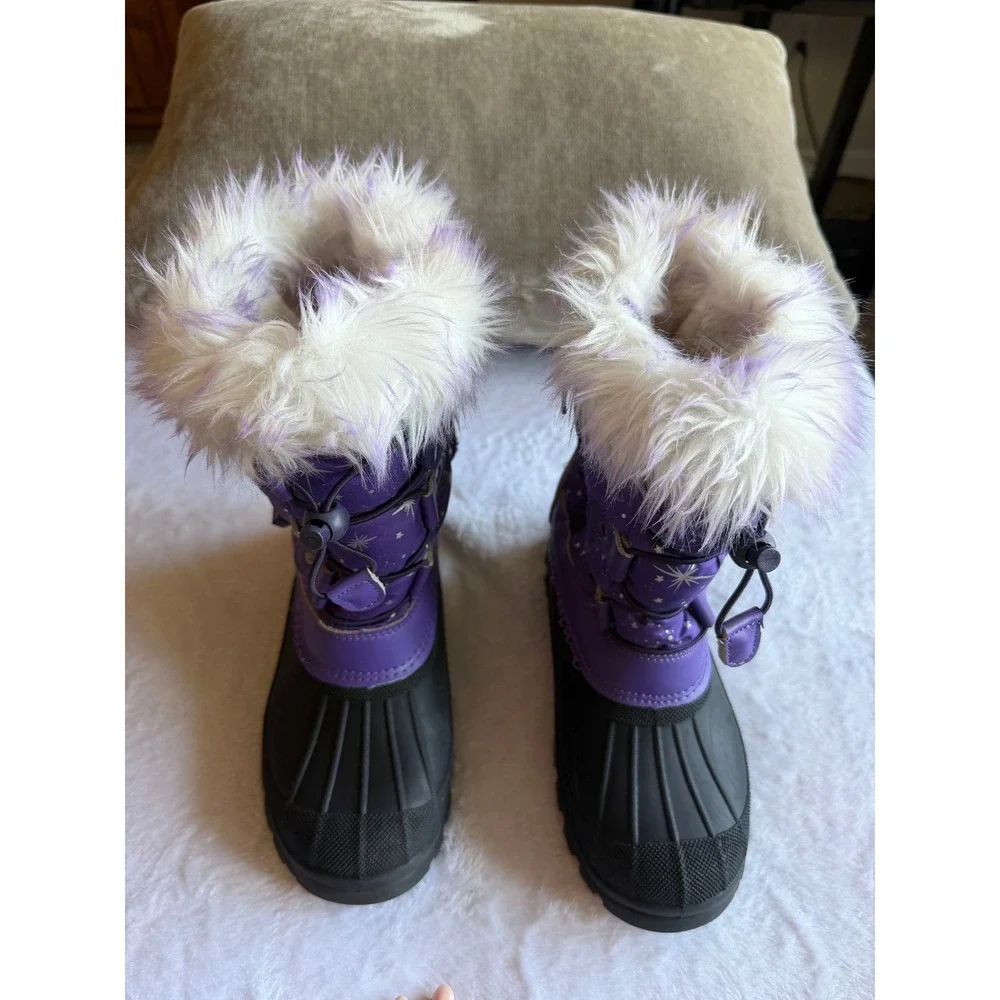 Dream Pairs Girls Purple Silver Star Insulated Snow Boots Faux Fur Size 2 Kids